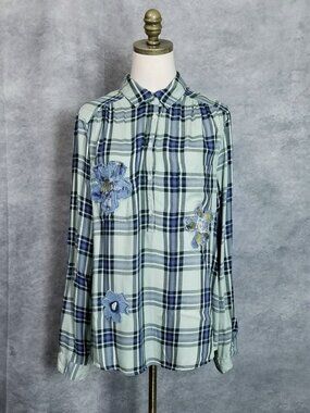 Falls Creek Green Blue Plaid Popover Shirt Size XL Whimsical Boho Floral Patches